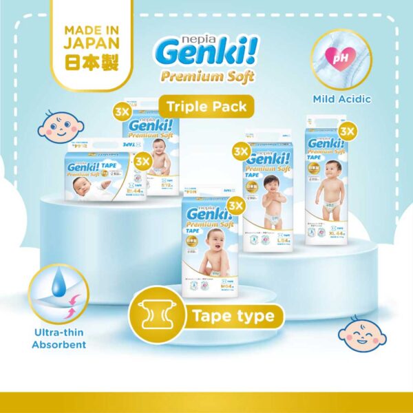 [Triple Pack] NEPIA GENKI Popok Bayi Tape / Perekat Bayi Premium Soft NB44 / S72 / M64 / L54 / XL44